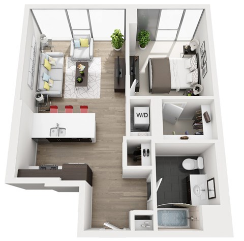Floor plan for 1 bed, 1 bath, 700 sqft